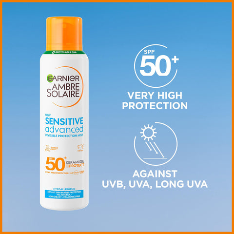 Garnier Ambre Solaire SPF 50+ Sensitive Advanced Dry Mist Sun Cream Spray, Water Resistant & Non Greasy Sunscreen, Fragrance Free, UVA & UVB Protection, Approved by Cruelty Free International, 150ml