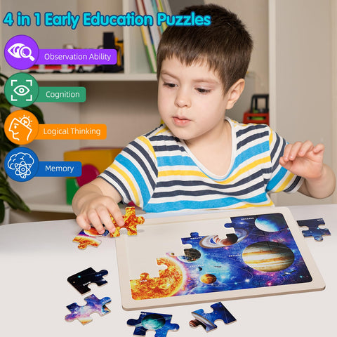 Jigsaw Puzzles Wooden Puzzles for Kids Ages 3-5 Preschool Educational Toddlers Toys United States Puzzle Space Universe World USA Map Earth Exploration Gifts for 3 4 5 6 Year Old Boys Girls 4 Packs