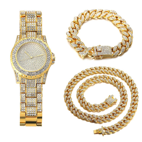 HALUKAKAH Diamond Gold Watch Iced Out,Men's 18k Real Gold Plated Quartz Wristband 22cm,with Cuban Link Chain 20cm Bracelet +45cm Necklace Set,Full Cz Diamonds,Free Giftbox