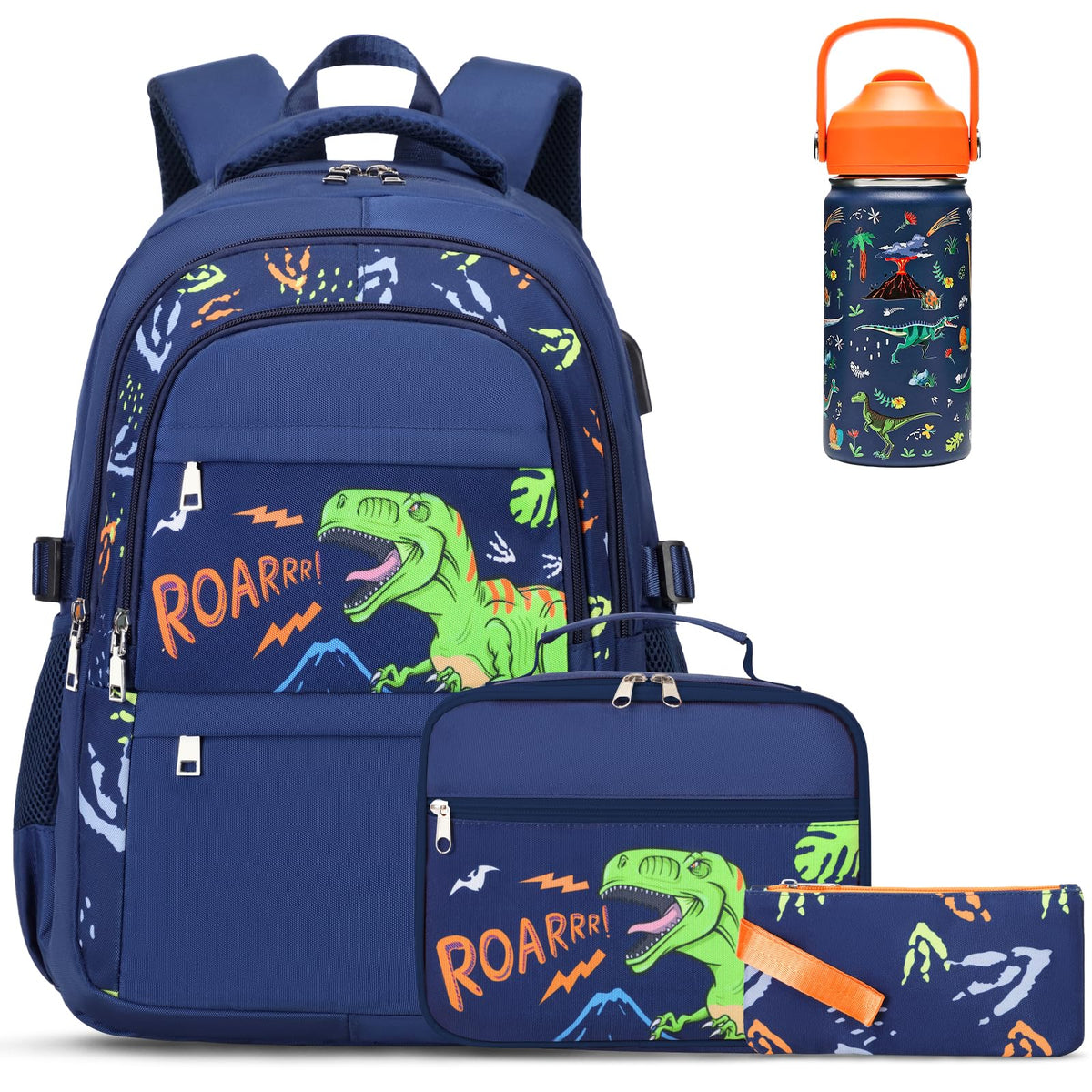 ACESAK Boys Backpack with Lunch Bag Pencil Case, Insulated Bottle, BPA-FREE Double Tumbler 18/8 Stainless Steel Leak Proof Cups with Metal Straw for School Boy