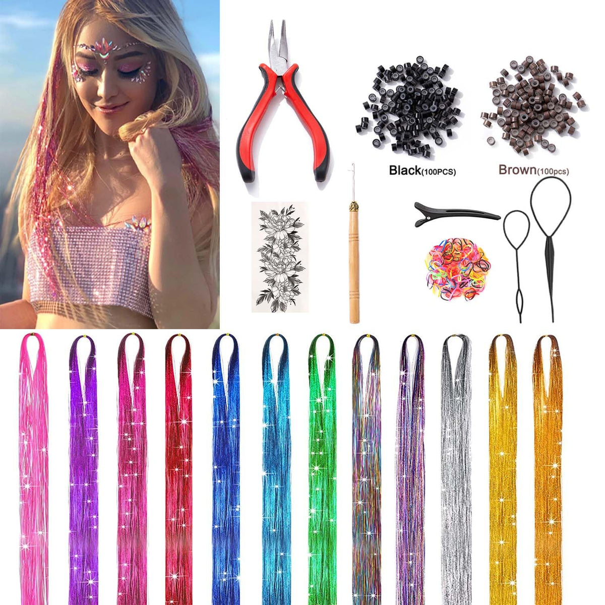 Hair Tinsel Kit (48 Inch,12 Colors, 3000 strands), Fairy Tinsel Hair Extensions with Tools - Glitter Hair Tinsel Kit Heat Resistant Accessories for Girls Women Kids Christmas New Year