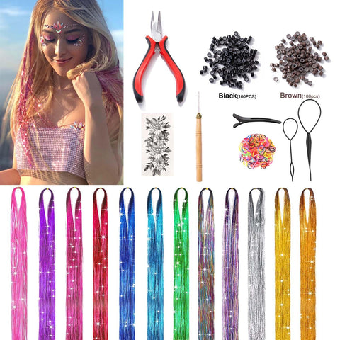 Hair Tinsel Kit (48 Inch,12 Colors, 3000 strands), Fairy Tinsel Hair Extensions with Tools - Glitter Hair Tinsel Kit Heat Resistant Accessories for Girls Women Kids Christmas New Year
