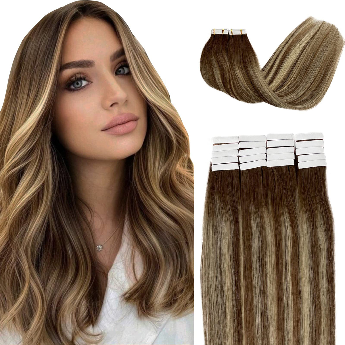 Tape in Hair Extensions Human Hair 50g 20pcs 24 Inch Balayage Golden Brown to Platinum Blonde Ombre Remy Human Hair Extensions Tape in Straight Seamless Skin Weft Natural Hair Extensions Tape ins