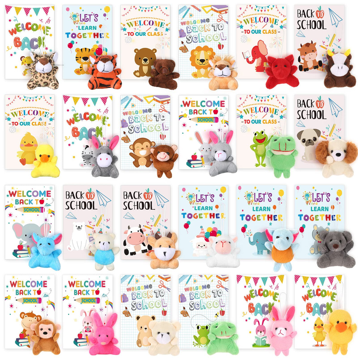 Zhanmai 24 Set Welcome Back to School Mini Animal Plush Toy Classroom Gifts for Students First Day of School Animal Plush Toys Bulk with wish card for Goodie Bag Fillers Party Favors