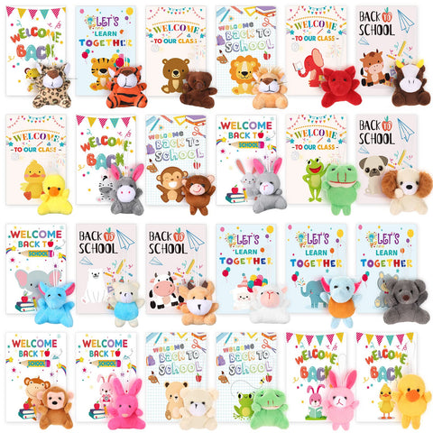 Zhanmai 24 Set Welcome Back to School Mini Animal Plush Toy Classroom Gifts for Students First Day of School Animal Plush Toys Bulk with wish card for Goodie Bag Fillers Party Favors