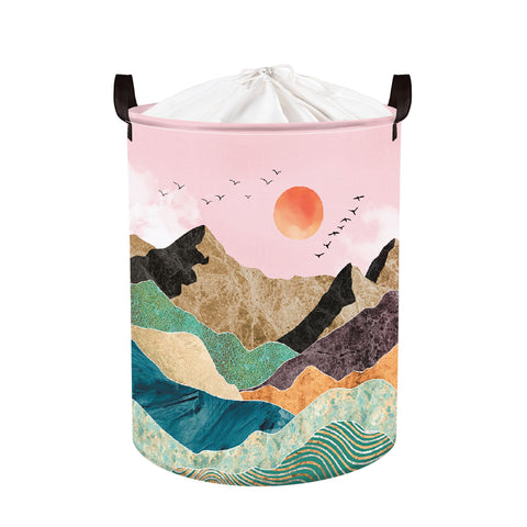 Clastyle 45L Boho Pink Laundry Baskets for Bedroom Bohemia Beach Towel Clothes Laundry Hamper Watercolor Mountain Sunrise Bird Storage Basket for Toy