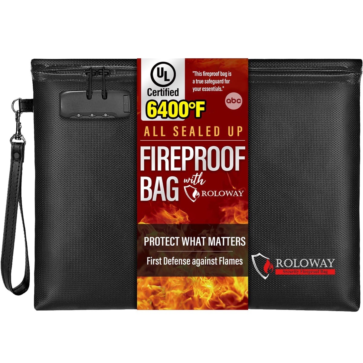 ROLOWAY Fireproof Document Bag (14.5 x 11.5 inch), 6400? Fireproof Money Bag with Zipper for Cash, Fireproof Bag Money Pouch, Fire Safe Cash Bag Banker Bag, Smell Proof Bag Money Bag with Lock (Black)