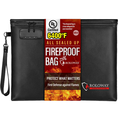 ROLOWAY Fireproof Document Bag (14.5 x 11.5 inch), 6400? Fireproof Money Bag with Zipper for Cash, Fireproof Bag Money Pouch, Fire Safe Cash Bag Banker Bag, Smell Proof Bag Money Bag with Lock (Black)