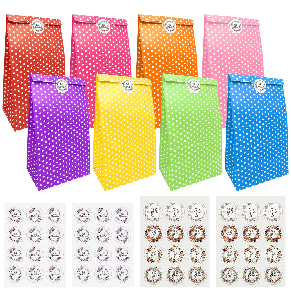 Jsdoin paper bags, 40 pieces colorful gift bags with 48 stickers candy bags for packaging gifts, giveaways, childrens birthdays, weddings, parties, etc (24 * 13 * 8cm)