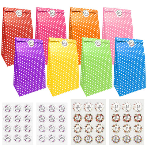 Jsdoin paper bags, 40 pieces colorful gift bags with 48 stickers candy bags for packaging gifts, giveaways, childrens birthdays, weddings, parties, etc (24 * 13 * 8cm)
