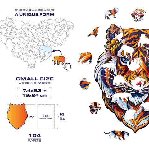 UNIDRAGON Wooden Jigsaw Puzzles - Lovely Tiger, 104 pcs, Small 7.4"x9.3", Beautiful Gift Package, Unique Shape Best Gift for Adults and Kids