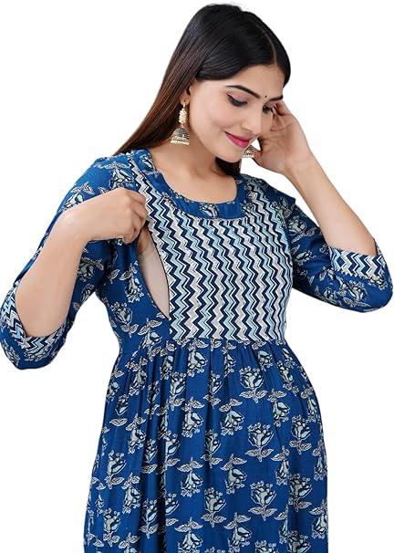 Jikonet Women's Maternity Dress Feeding Kurti with Zippers, Side Pocket (325) (Small, Blue)