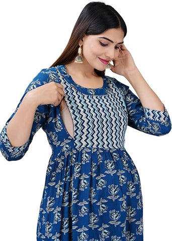 Jikonet Women's Maternity Dress Feeding Kurti with Zippers, Side Pocket (325) (Small, Blue)