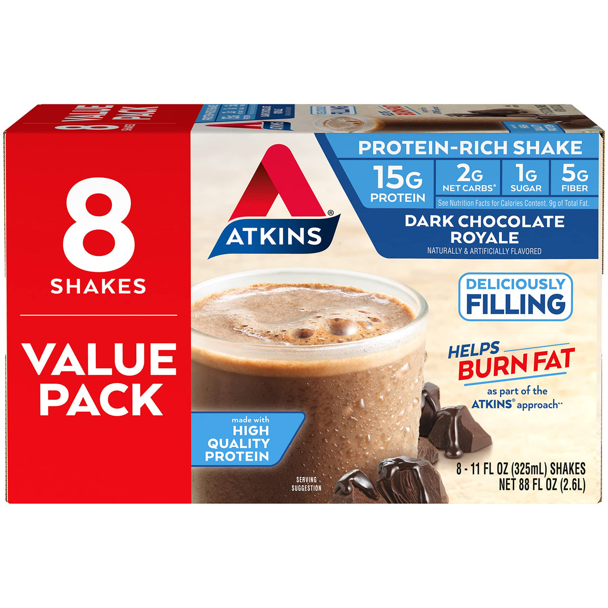 Atkins Gluten Free Protein-Rich Shake, Dark Chocolate Royale, Keto-Friendly, 8 Count (Pack of 1)