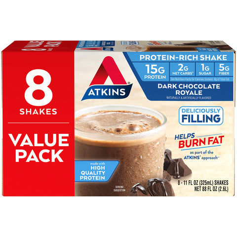 Atkins Gluten Free Protein-Rich Shake, Dark Chocolate Royale, Keto-Friendly, 8 Count (Pack of 1)