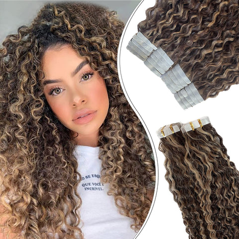 Valiilo Tape in Hair Extensions Human Hair Jerry Curly Hair Extensions Tape ins Brown Highlights Strawberry Blonde Double Sided Tape in Extensions Natural Curly Hair Extensions 20inch 20pcs 50g