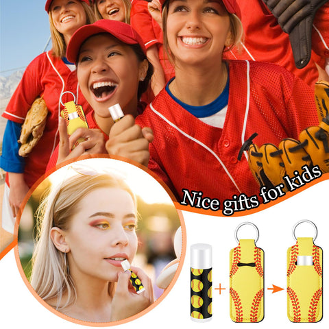Swiffen 18 Sets Natural Bulk Lip Balm and Moisturizing Lipstick Holder Keychains Set Gift for Team Teen Girls Boy Sports Party Supply (Softball)