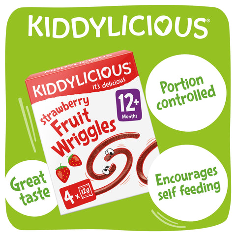 Kiddylicious Strawberry Wriggles - Delicious Real Fruit Treat for Kids - Suitable for 12+ Months - 7 Packs of 4 (28 Total)