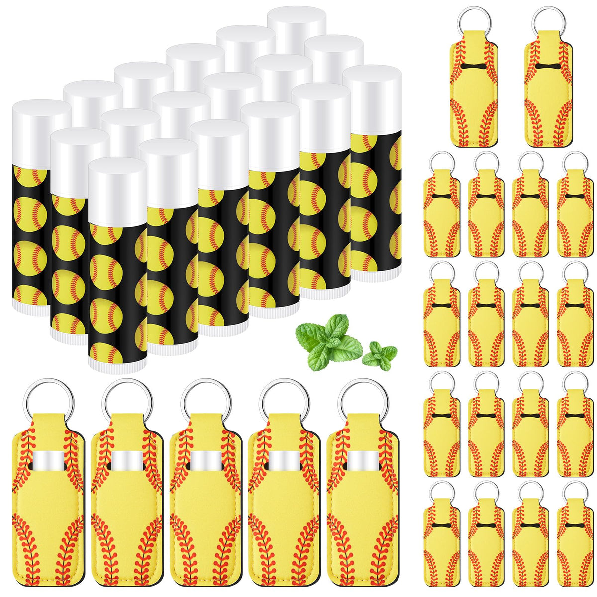 Swiffen 18 Sets Natural Bulk Lip Balm and Moisturizing Lipstick Holder Keychains Set Gift for Team Teen Girls Boy Sports Party Supply (Softball)