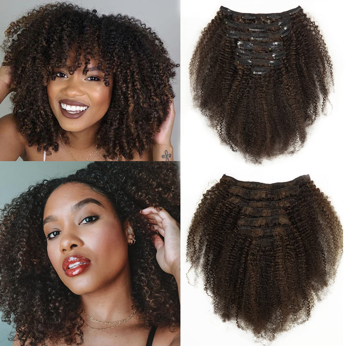 Caliee Afro Kinky Curly Human Hair clip ins 3C 4A Natural Human Hair Clip ins for Black Women Brazilian 8A Remy Hair Kinky Curly Clip in Hair Extension Highlight 1B/4 Color Kinky Hair Clip in 14inch