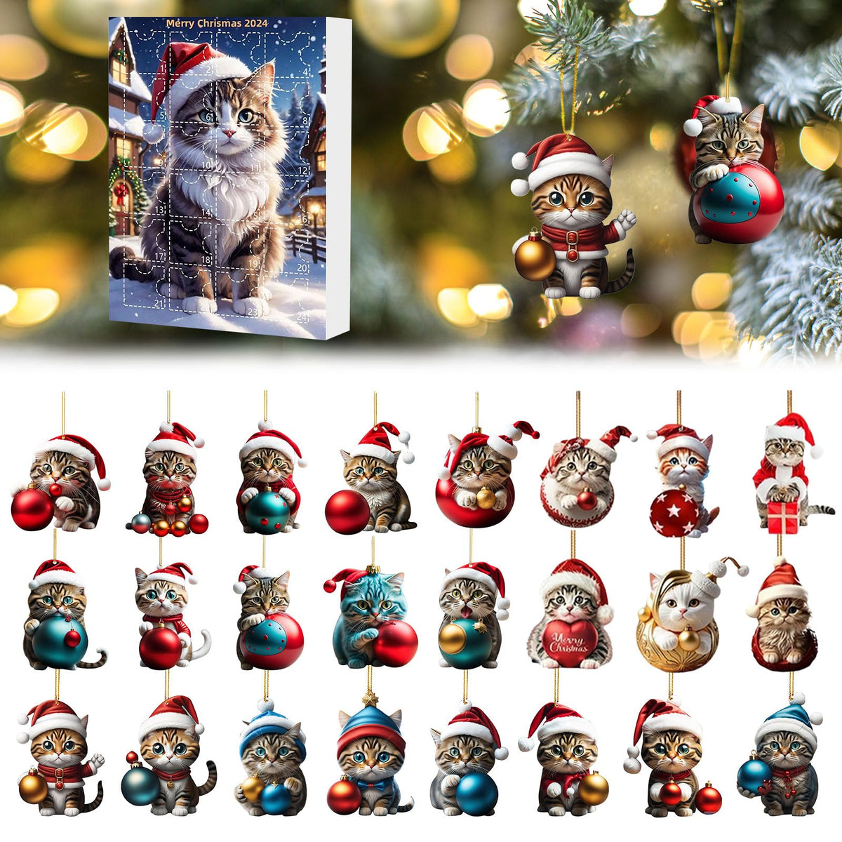 Ellxen Cat Advent Calendar, 2024 Cat Advent Calendar,Christmas Advent Calendar,24 Days Christmas Countdown,2D acrylic cat pendants,Christmas decorations for cat lovers