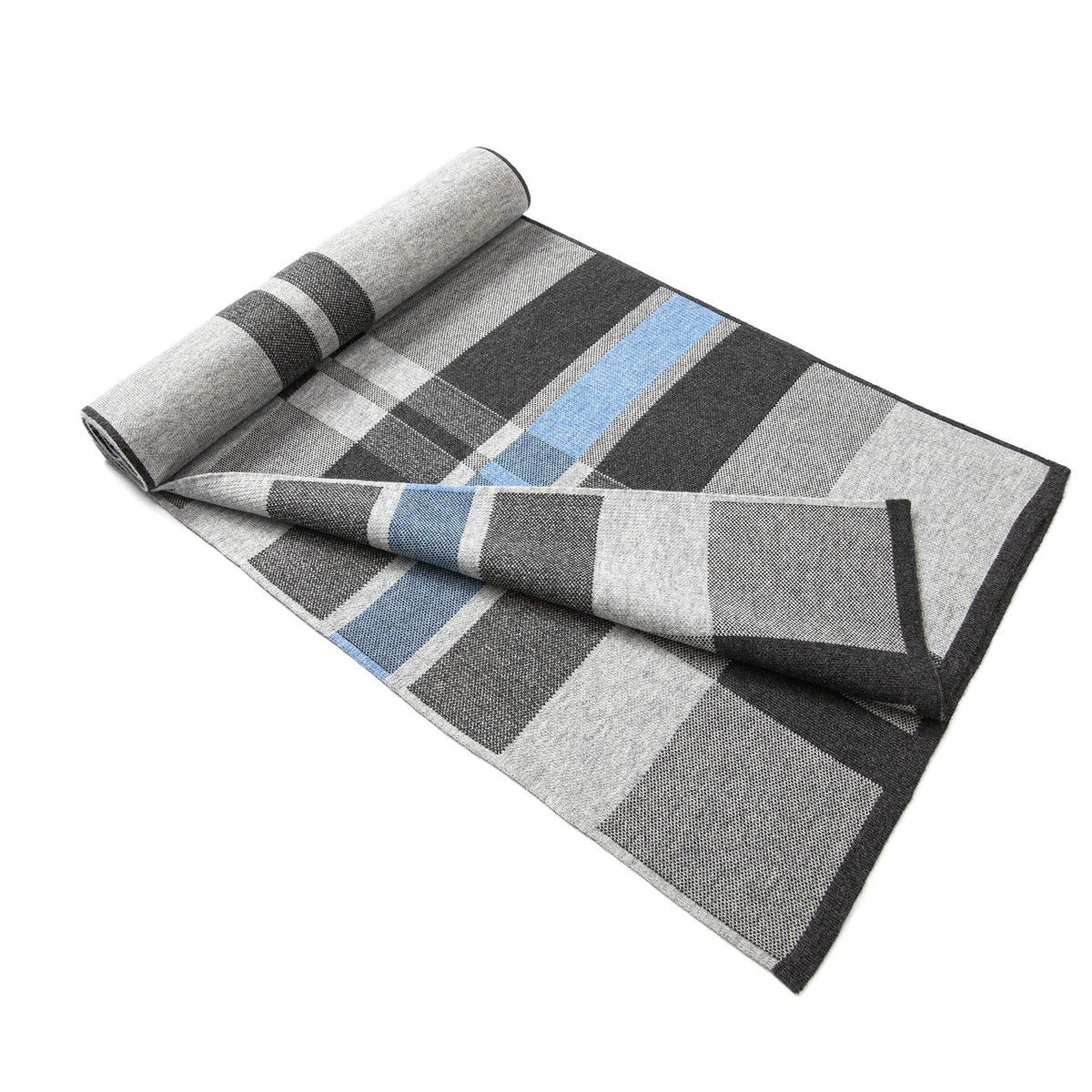 Lindoro Merino Wool Scarf for Men, Tartan Warm Lightweight Plaid Winter Long Scarves w/Gift Box (Blue & Grey)