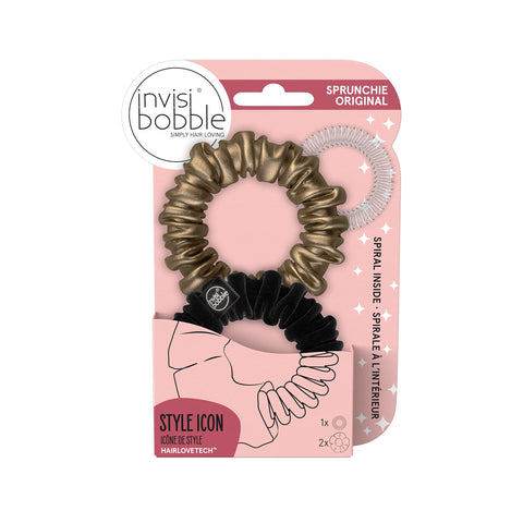 invisibobble Sprunchie Slim Spiral Hair Ring - True Black and True Golden - 2 Pack- Scrunchie Stylish Bracelet, Strong Elastic Grip Coil Accessories for Women - Gentle for Girls Teens and Thick Hair