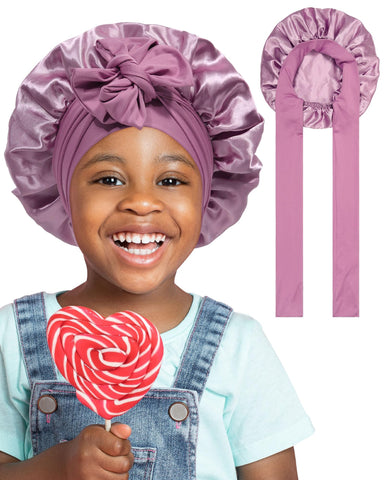 Satin Bonnet for Kids Silk Bonnets for Sleeping Curly Hair Bonnet with Elastic Tie Band Double Layer Sleep Cap for Girls Boys 3-7 Years (Bean Paste)