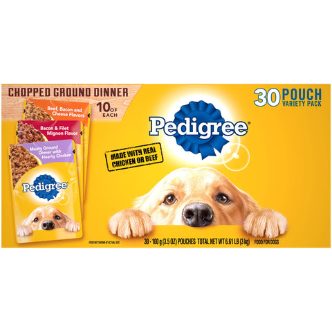 PEDIGREE CHOPPED GROUND DINNER Adult Soft Wet Dog Food 30-Count Variety Pack, 3.5 oz Pouches (Pack of 30)