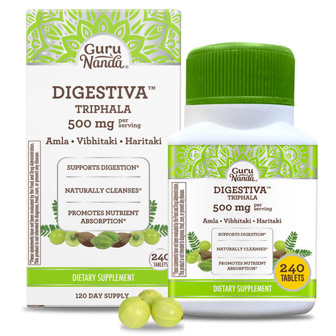 GuruNanda Digestiva Triphala (240 Tablets), Supports Digestion, Helps with Bloating & Constipation, Dietary Supplement with Amla, Haritaki & Bibhitaki