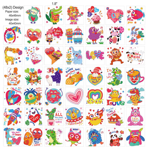 96 pcs Valentines Love Heart Assorted Cute Designs Temporary Tattoos, 48 Designs Waterproof Tattoo Stickers for Boys Girls Kids Party Favors,Valentine's Gift Exchange Classroom School Prizes