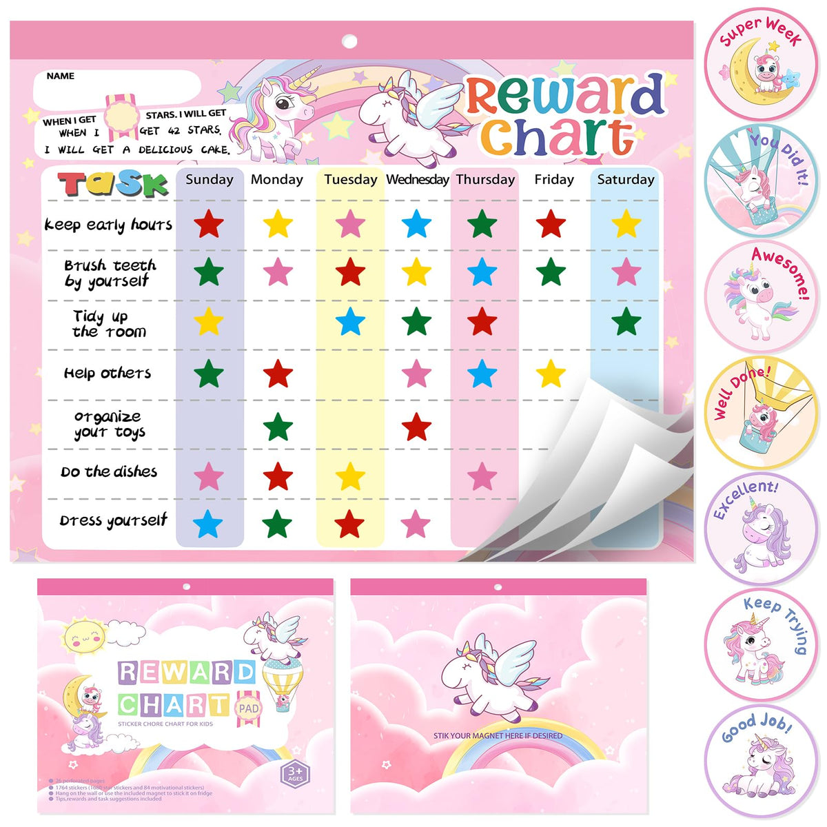 Magnetic Reward Chart for Kids at Home, Behavior Chart Pad with 26 Chore Charts, 1680 Star Stickers, 84 Motivational Stickers to Develop Responsibility & Good Habits (Unicorn)
