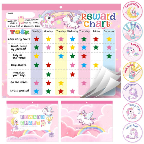Magnetic Reward Chart for Kids at Home, Behavior Chart Pad with 26 Chore Charts, 1680 Star Stickers, 84 Motivational Stickers to Develop Responsibility & Good Habits (Unicorn)