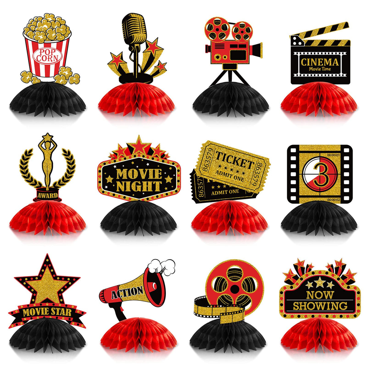 Pajean 12 Pieces Movie Night Party Decorations Supplies Movie Theater Centerpiece Honeycomb 3D Ticket Popcorn Star Table Topper Decor for Birthday Party Favors