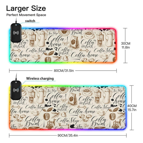Coffee Wireless Charging Mouse Pad for Mobile Phone Extra Large Gaming Mousepad with 13 Lighting Modes Extended Mat for Gaming MacBook PC Laptop Home Office