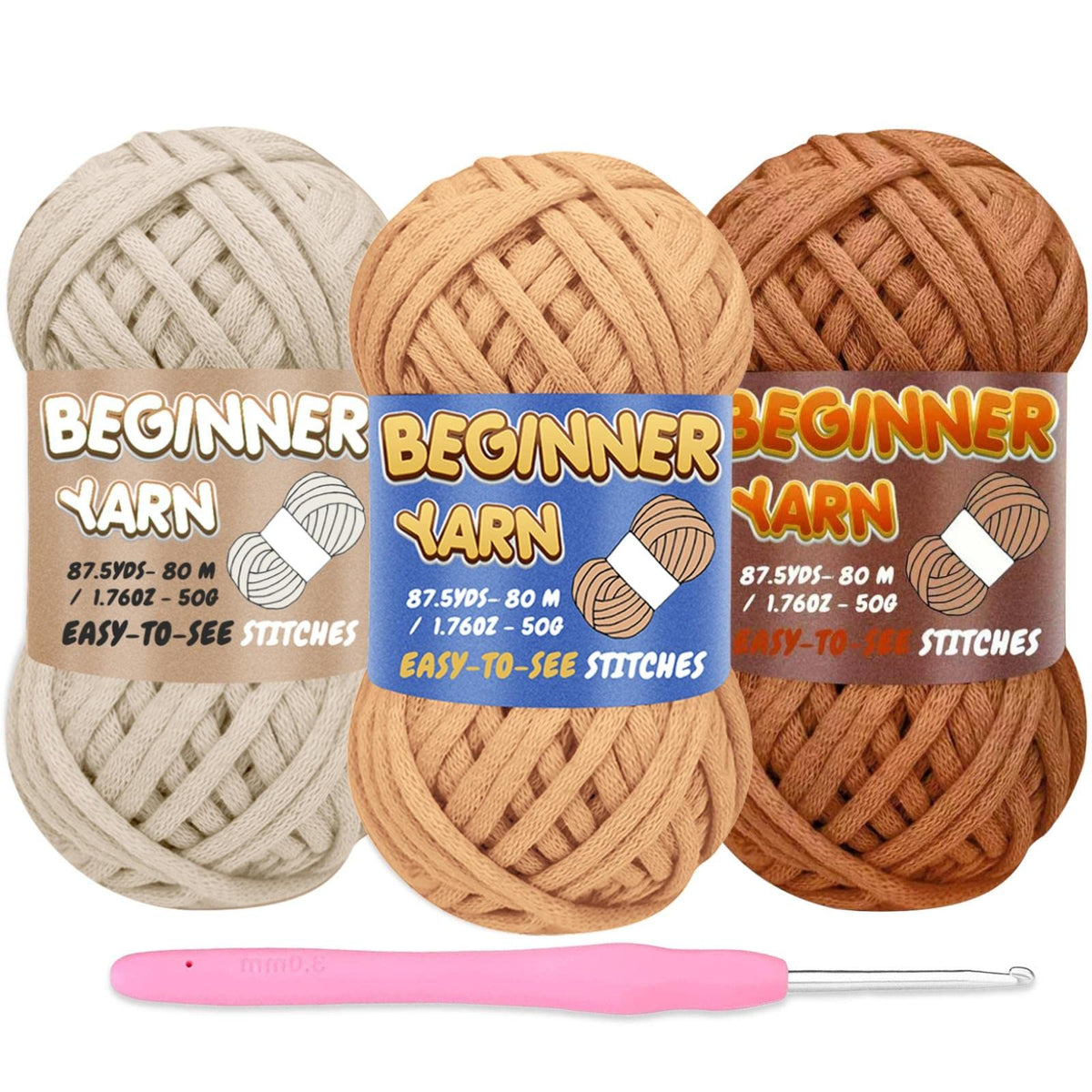 FECLOUD 3 Pack Crochet Yarns for Beginners White Khaki Brown Candy Crochet Yarn for Beginners Easy to See Stitches Soft Bulky Thick Cotton (3x50g), White