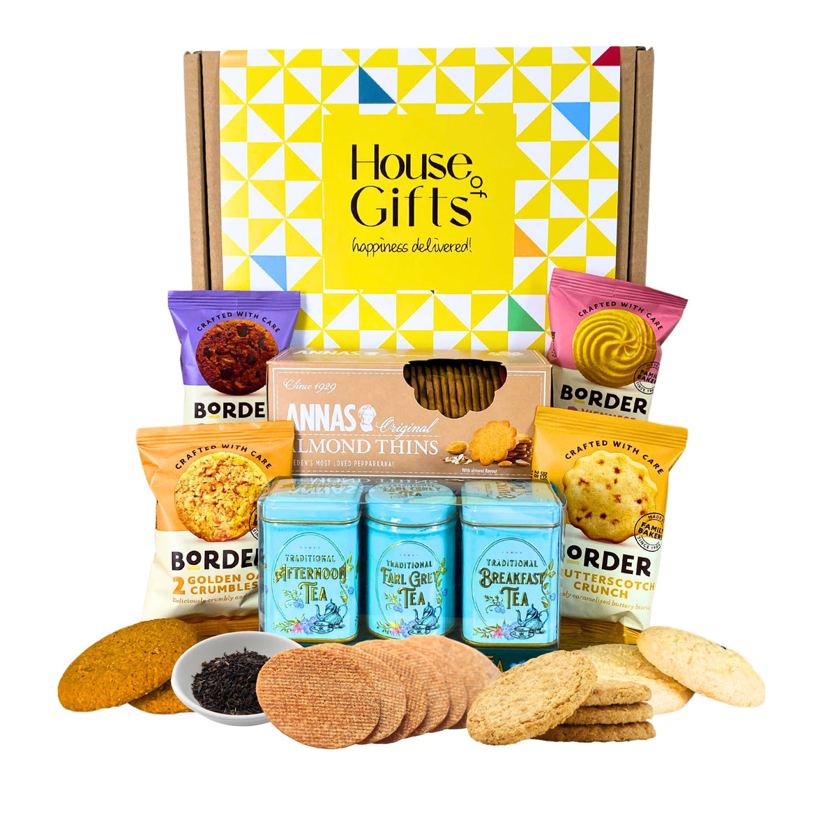 Biscuits Gift Set Tea Hamper With Border Biscuits, Almond Thins & 3 Loose Tea Gift Set Tins Including Breakfast, Afternoon & Earl Grey Tea