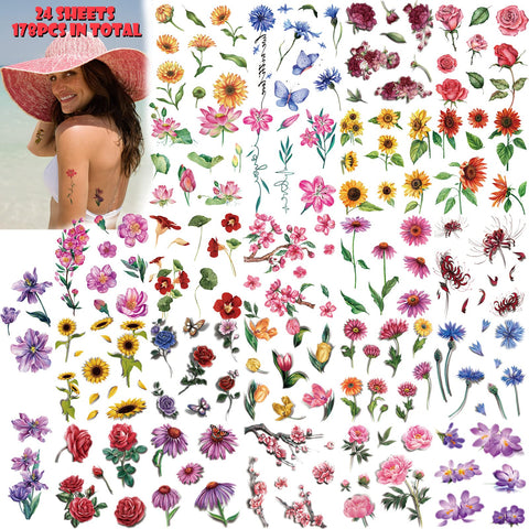 Konsait Flower Tattoos 24 Sheets Mixed Flower Temporary Tattoos Fake Tattoos Waterproof Tattoos Stickers Women Tattoo Supplies Birthday Party Favors Gift Bag Fillers