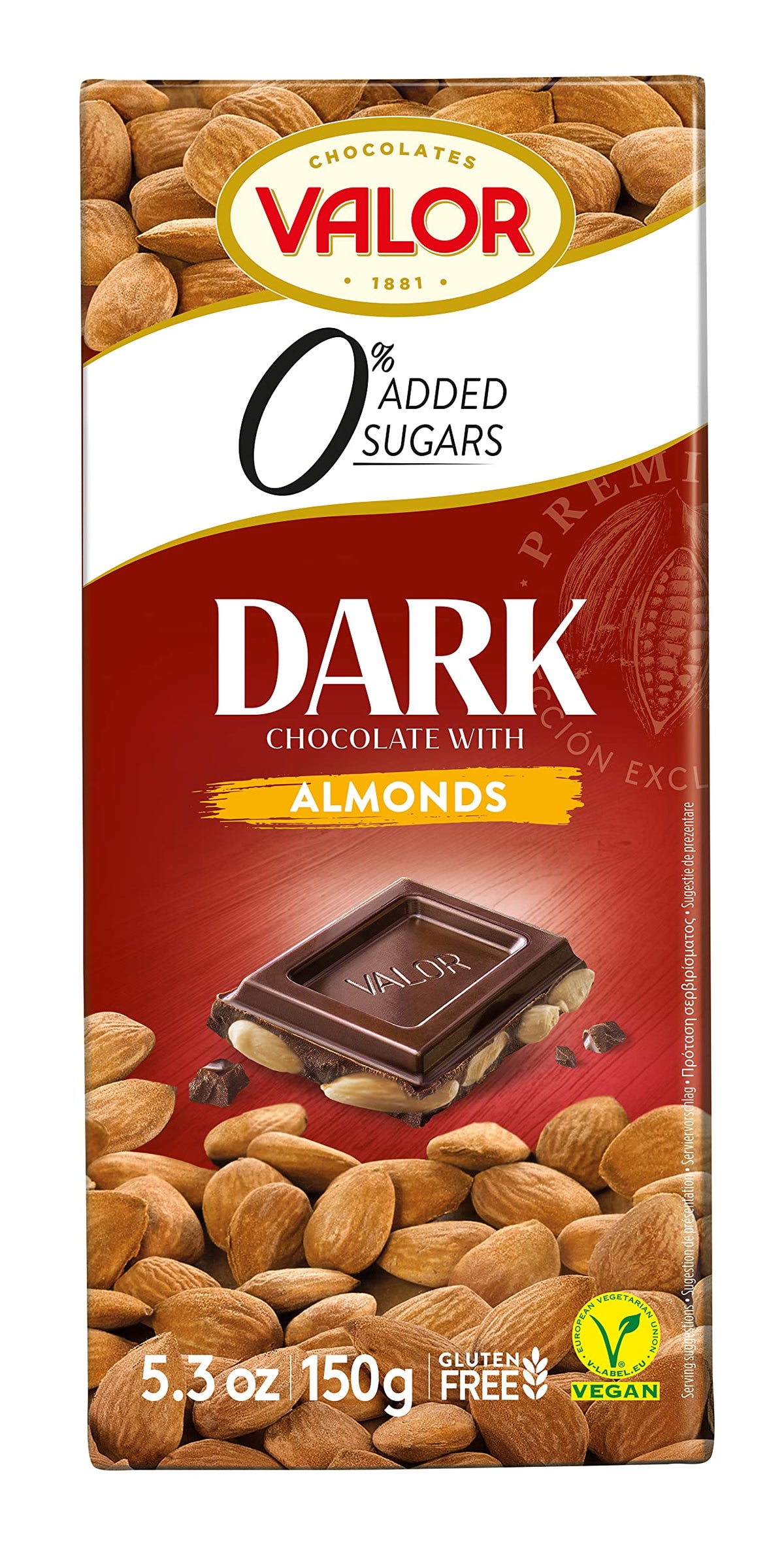 Valor Sugar Free Chocolate - Keto Low Carb Large Chocolate Bar - Diabetic Chocolate - Gluten Free, No Added Sugar, & Vegan Chocolate - Dark Chocolate with Almonds - 150g Bar