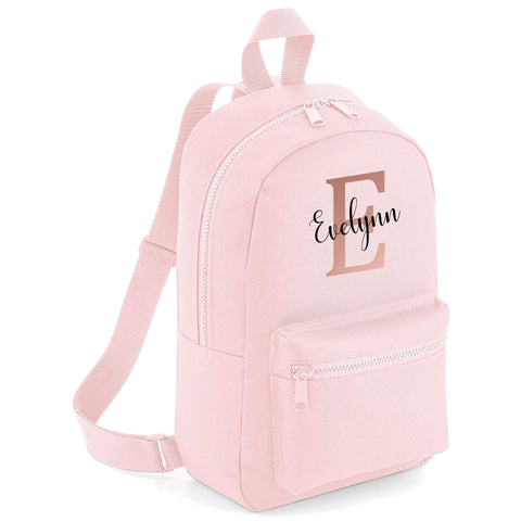 FunkyShirt Rose Gold Custom Initial and Personalised Name Kids Childrens School Backpack Bag Girls Cute Rucksack Bags Pretty Cursive Toddler Nursery Gym Sack (Light Pink)