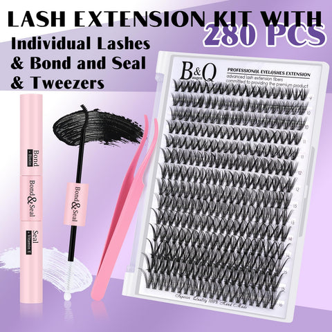 DIY Lash Extension Kit 280pcs Individual Lashes Cluster B&Q D Curl Eyelash Extension Kit Lash Clusters with Lash Bond and Seal and Lash Applicator Tool for Self Application (KIT,30D-D-9-16MIX)