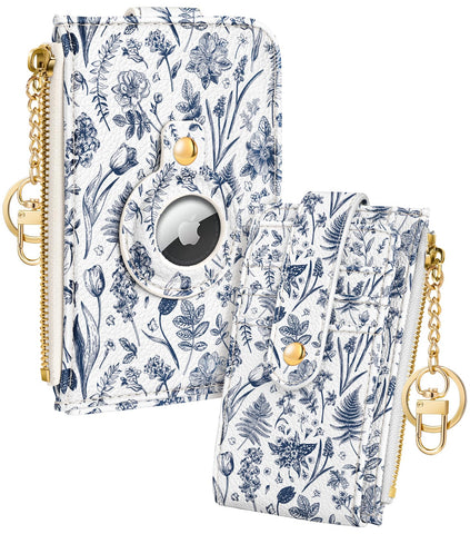 Miss Adola Cute Card Wallet Women with AirTag Holder - Aesthetic Small Wallets RFID Credit Cardholder with Keychain, Line Flower, Line Flower