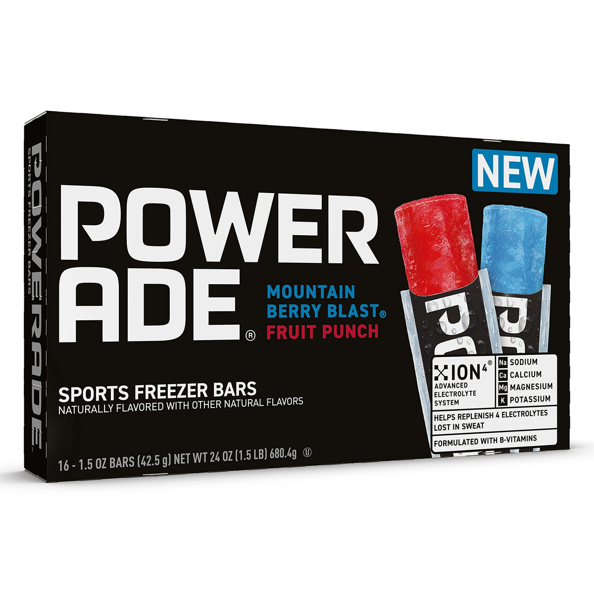 Powerade Sports Freezer Bars 1.5 oz Refreshing Ice Pops with Electrolytes B Vitamins - Naturally Flavored, Mountain Berry Blast and Fruit Punch, 2Pack 16 CT, 32 Total