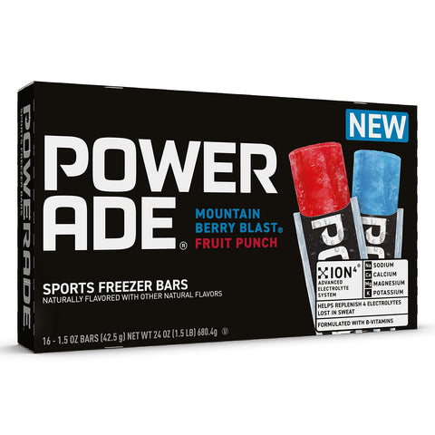 Powerade Sports Freezer Bars 1.5 oz Refreshing Ice Pops with Electrolytes B Vitamins - Naturally Flavored, Mountain Berry Blast and Fruit Punch, 2Pack 16 CT, 32 Total