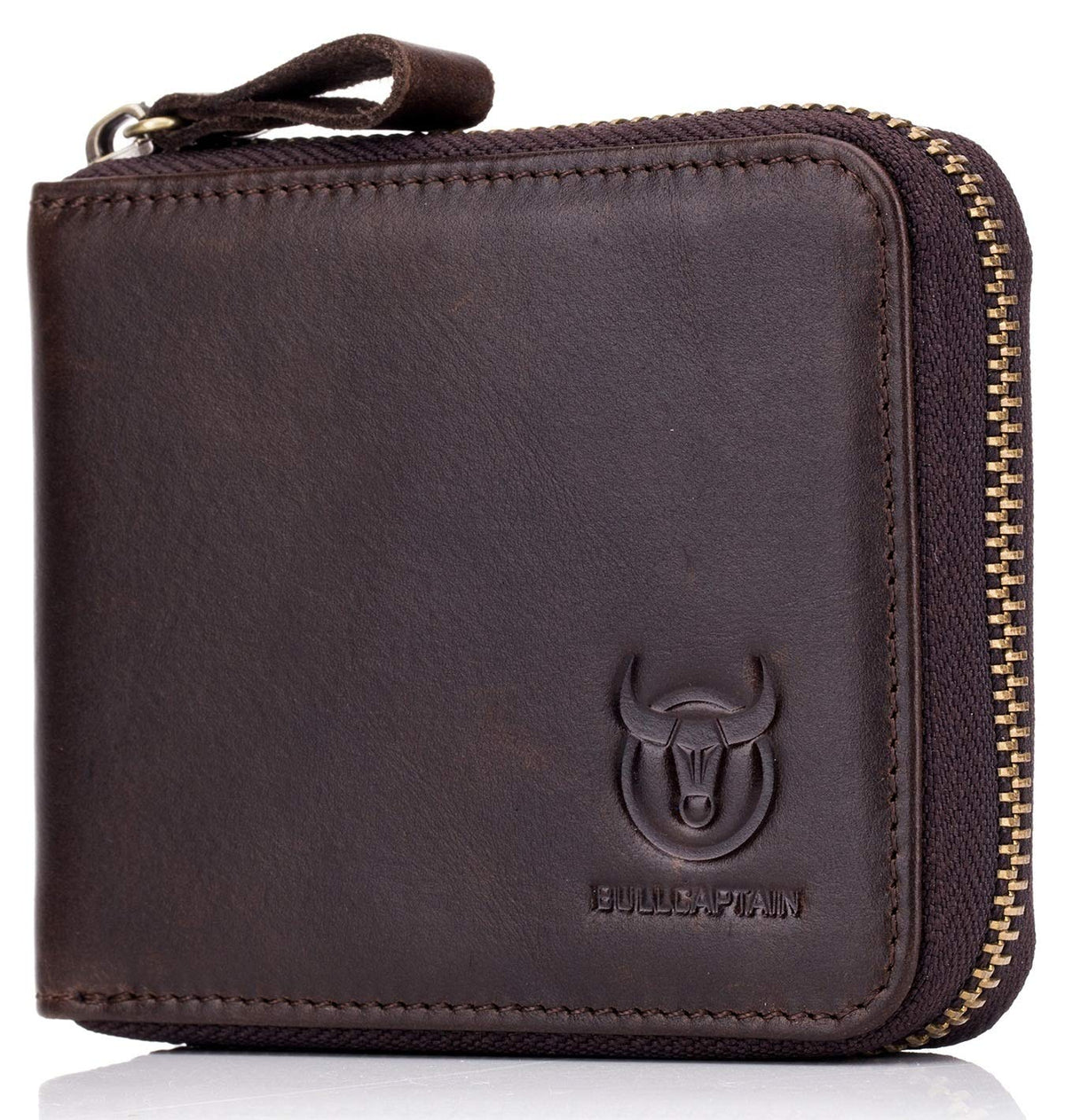BULLCAPTAIN Men Genuine Leather Zipper Wallet RFID Blocking Bifold Wallets ID Window Credit Card Case (Dark brown)