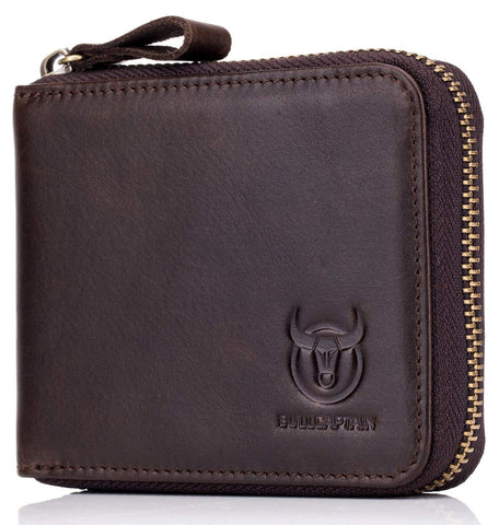 BULLCAPTAIN Men Genuine Leather Zipper Wallet RFID Blocking Bifold Wallets ID Window Credit Card Case (Dark brown)