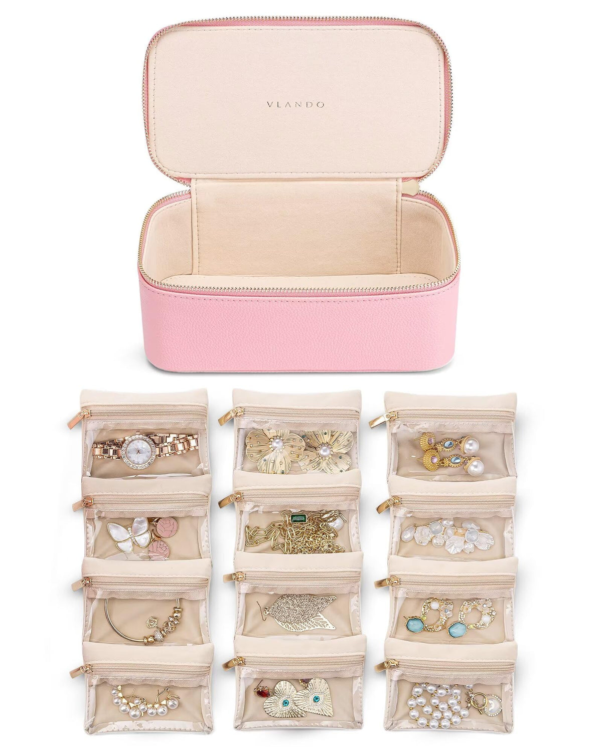 Vlando Jewelry Box Organzier for Travel,12 Pcs Velvet Jewelry Bags,Faux Leather Jewelry Case for Earrings Necklace Rings,Valentine's Day,Birthday, Wedding, Christmas gift Strawberry Pink