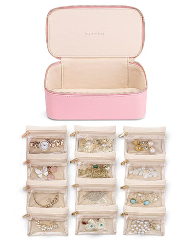 Vlando Jewelry Box Organzier for Travel,12 Pcs Velvet Jewelry Bags,Faux Leather Jewelry Case for Earrings Necklace Rings,Valentine's Day,Birthday, Wedding, Christmas gift Strawberry Pink