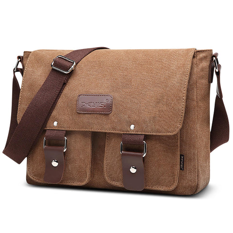 POSSOBAG Mens Shoulder Bag Vintage Messenger Bags 13.3 inch Laptop Bag for Work Large Capacity Pocket Satchel Bag College Travel Casual Business Daily Men Canvas Cross-body Sling Bag Brown