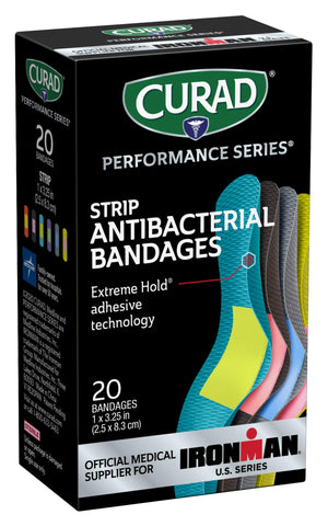 Curad Performance Series Ironman Antibacterial Bandages, Extreme Hold Adhesive Technology, 1 x 3.25 inch Fabric Bandages, 20 Count